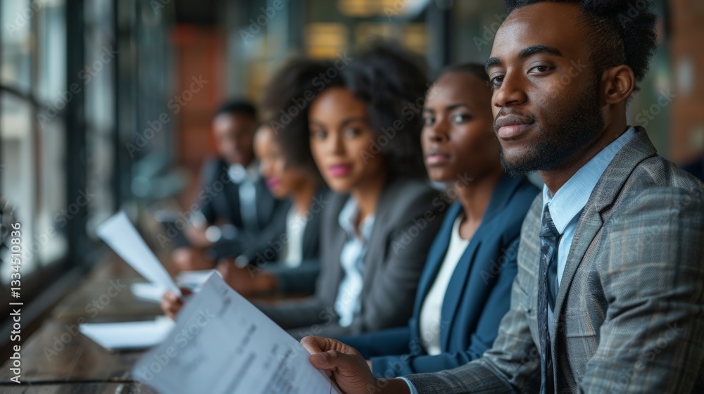 Confident and Focused African American Business Team Reviewing Financial Reports and Strategy During a Corporate Meeting in a Bright Modern Office Space Confident and Focused African American Business Team Reviewing Financial Reports and Strategy During a Corporate Meeting in a Bright Modern Office Space
