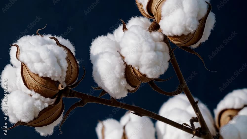 Cotton plant with fluffy white bolls against dark backdrop, agricultural concept