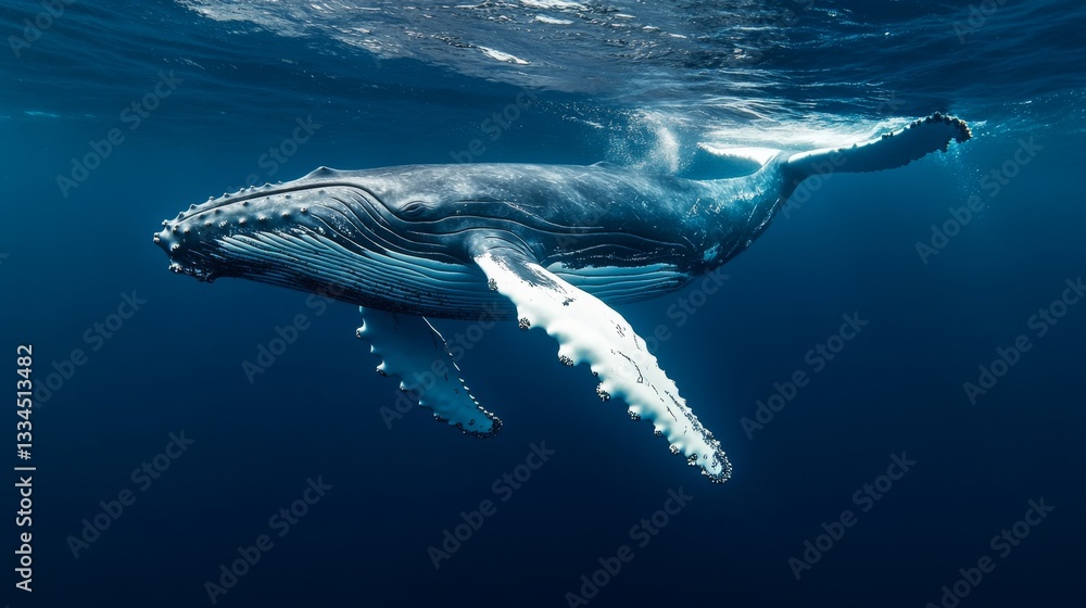 Fototapeta premium Humpback whale swimming deep ocean gigapixel image underwater environment close-up view majestic marine life