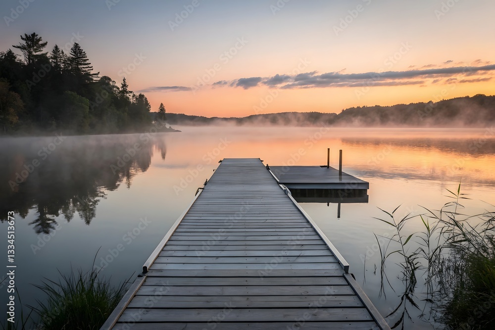 Fototapeta premium Calm lake reflection at sunrise or sunset, with wooden pier extending into the water