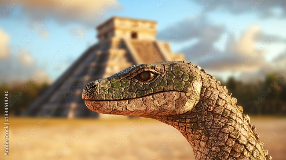 Obraz premium Close Up of Ancient Reptile at Mayan Temple Nature Scene Beautiful Lighting Outdoor View Cultural Heritage