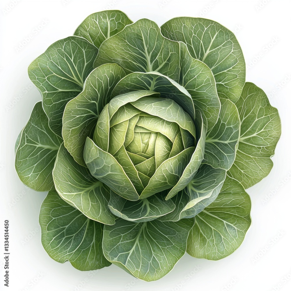 Close up view of a vibrant green cabbage, showcasing its tightly packed leaves and detailed texture against a clean white background Close up view of a vibrant green cabbage, showcasing its tightly packed leaves and detailed texture against a clean white background