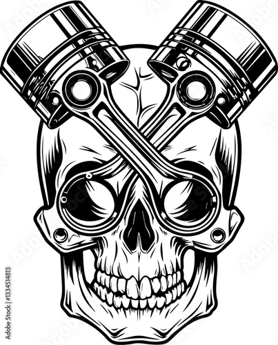 Mechanical cyborg mechanic with skull design in SVG and vector format. Skull with Pistons and Connecting Rods in Vintage Style Design