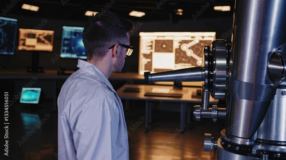 Scientist using a large, futuristic telescope in a space research center, analyzing data on computer screens Scientist using a large, futuristic telescope in a space research center, analyzing data on computer screens
