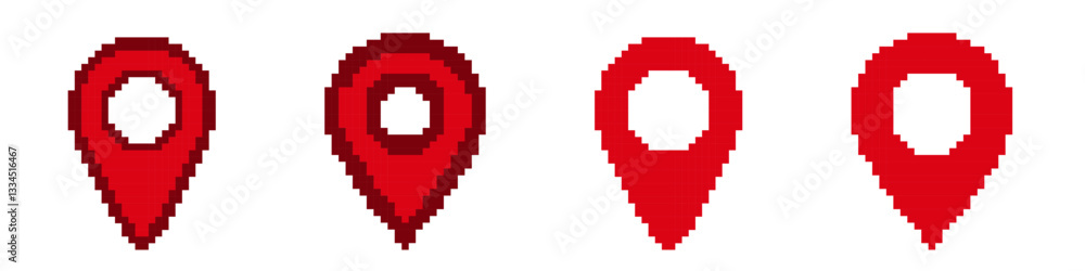 Four red location pins in pixel art style depict simple digital design elements in varying sizes. Four red location pins in pixel art style depict simple digital design elements in varying sizes.