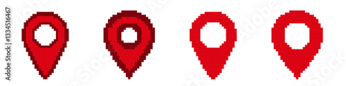 Four red location pins in pixel art style depict simple digital design elements in varying sizes.