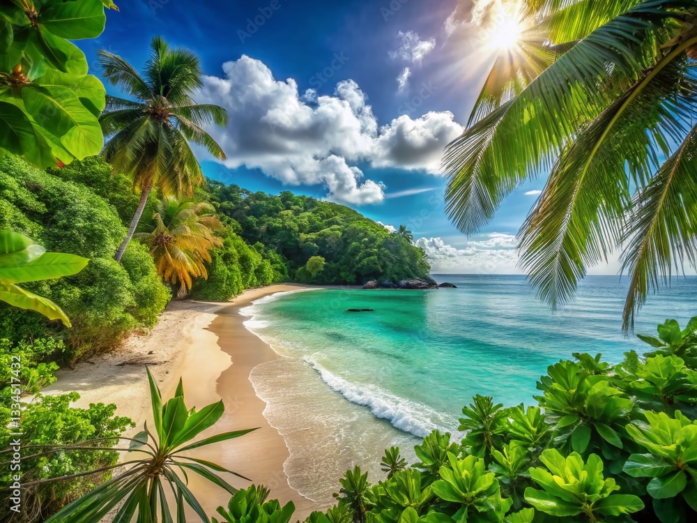 Lush Tropical Beach Landscape: Green Coastline, Turquoise Ocean, Sunny Day