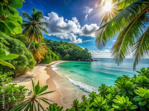 Obraz na płótnie Lush Tropical Beach Landscape: Green Coastline, Turquoise Ocean, Sunny Day w salonie