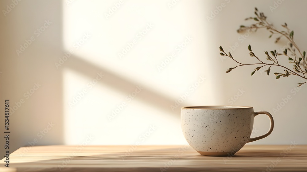 Minimalist mockup of a coffee cup on a wooden table, with soft lighting and a clean background Minimalist mockup of a coffee cup on a wooden table, with soft lighting and a clean background
