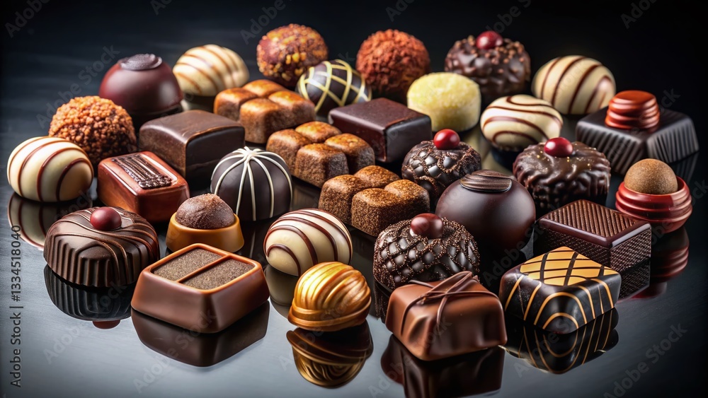 Luxurious Assorted Chocolates on Black Background - Gourmet Dessert Photography Luxurious Assorted Chocolates on Black Background - Gourmet Dessert Photography