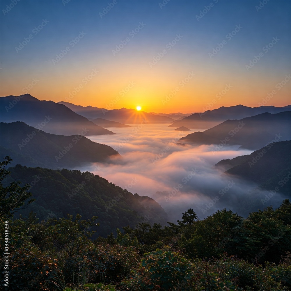 Obraz premium Capture the beauty of a tranquil sunrise over misty mountains, where soft, golden sunlight gently lights up the valleys below. This image portrays the calmness of nature and the breathta