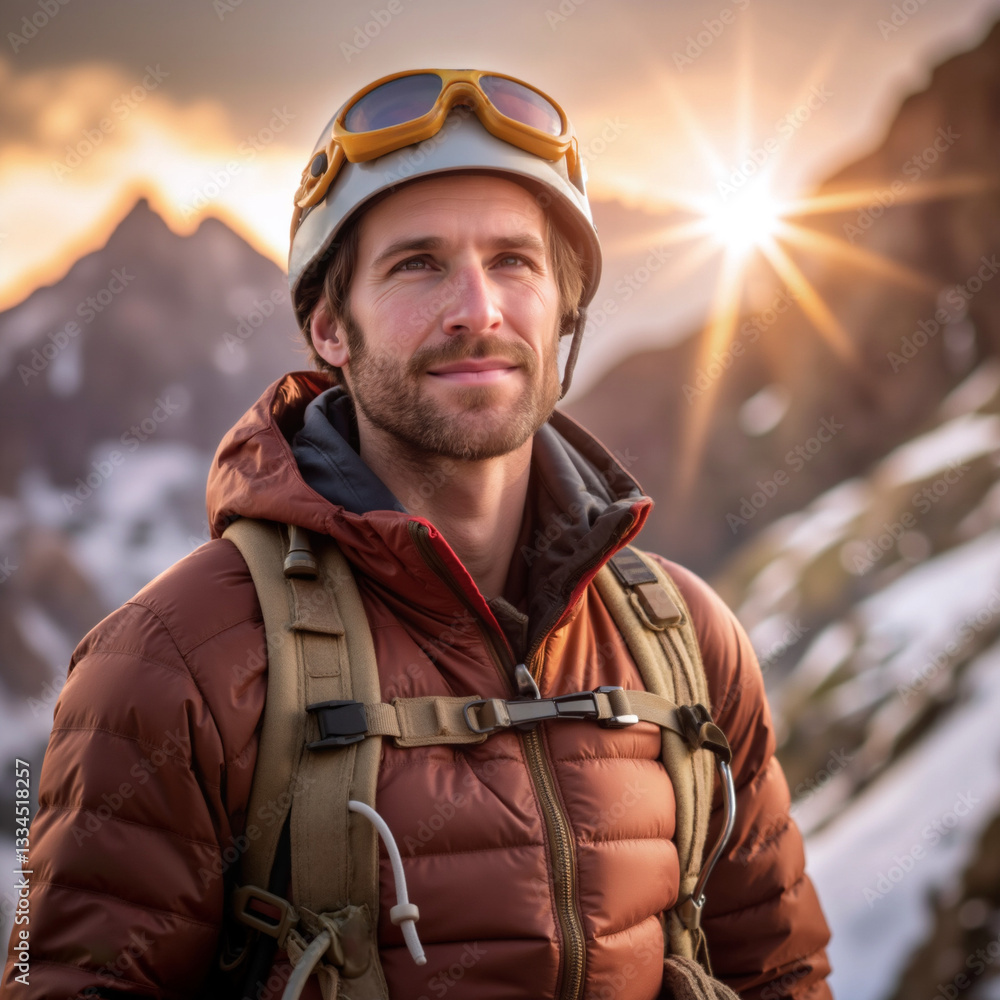 A man wearing a red jacket and a backpack is smiling at the camera. Concept of adventure and excitement, as the man is likely preparing for a hiking or climbing trip A man wearing a red jacket and a backpack is smiling at the camera. Concept of adventure and excitement, as the man is likely preparing for a hiking or climbing trip