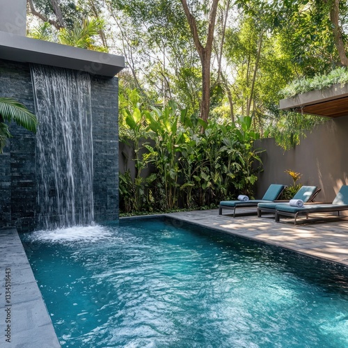 Stylish swimming pool with waterfall