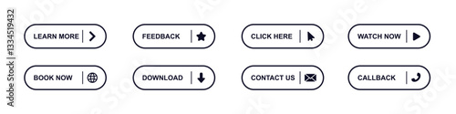 Eight interactive buttons with various icons and text for websites. enhance user engagement and navigation.