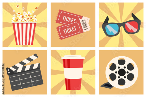 Set of cinema icons with popcorn, carbonated drink, tickets, 3D glasses, film reel and clapper. Time in cinema. Vector images in flat style.