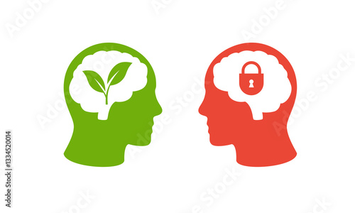 Illustration of green head with plant and red head with lock, exploring ideas and security.