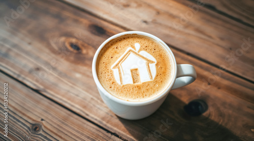 Coffee cup with house latte art on wooden table, real estate coffee concept, home barista creativity, morning beverage