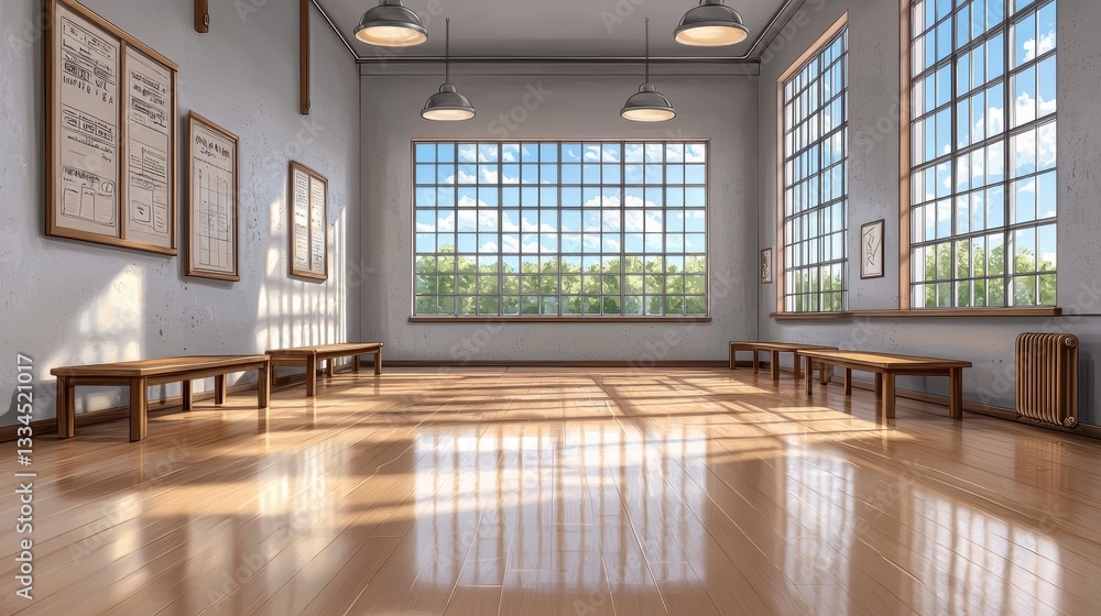 Obraz premium Bright Sunlit Room with Wooden Benches and Treetop View