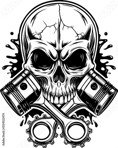 Skull mechanic with skull tools in SVG and vector format. Skull Design with Pistons and Gears for Automotive Enthusiasts
