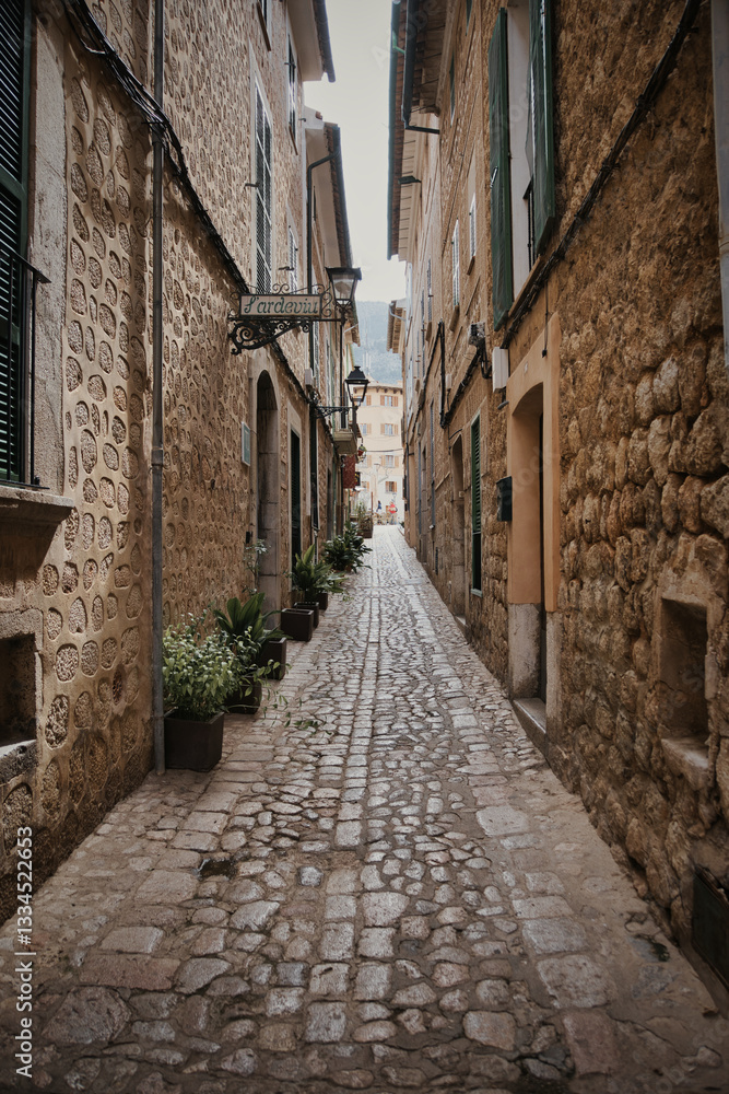 Obraz premium A narrow alleyway with a stone wall and a sign on the wall majorca spain
