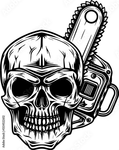 Skull mechanic with skull tools in SVG and vector format. Skull Design with Chainsaw Element in Black and White Artwork