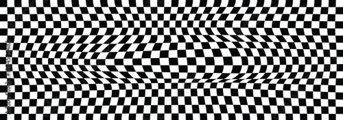 Black and white checkerboard mess pattern background.  groovy wave psychedelic checkerboard background. Distorted geometric pattern. Abstract monochrome vector backdrop. Vector illustrator