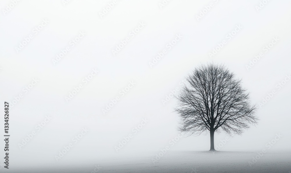 A lone tree rises from the mist in a monochrome landscape, creating a serene and minimalist scene. A lone tree rises from the mist in a monochrome landscape, creating a serene and minimalist scene.