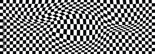 Black and white checkerboard mess pattern background.  groovy wave psychedelic checkerboard background. Distorted geometric pattern. Abstract monochrome vector backdrop. Vector illustrator