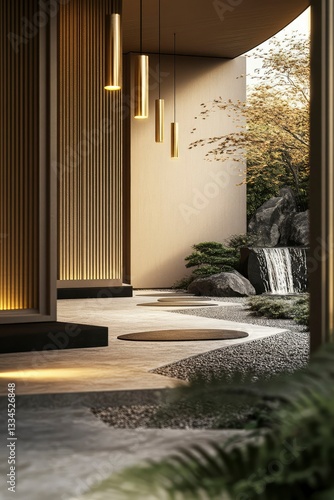 Serene Minimalist Zen Garden Entrance with Golden Pendant Lights