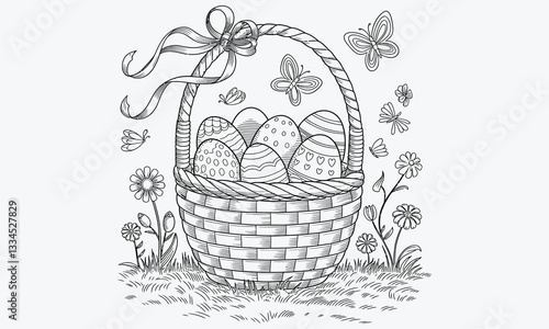 easter basket with eggs and flowers
