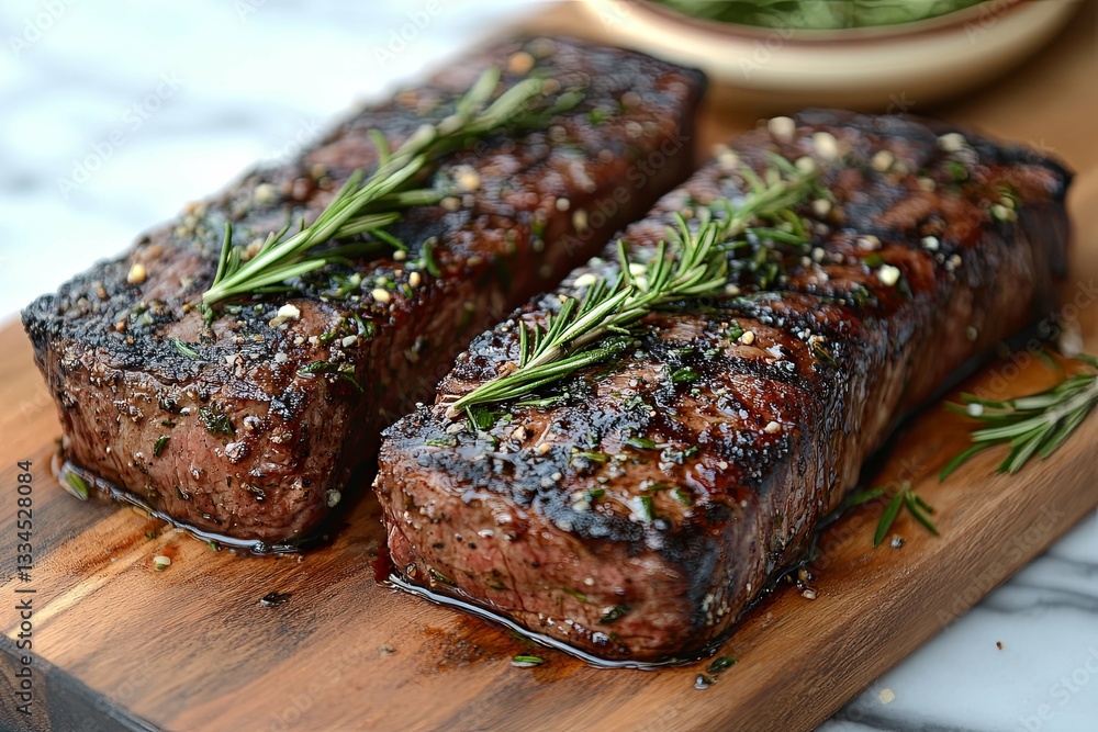 Two perfectly cooked steaks seasoned and garnished on a wooden board Two perfectly cooked steaks seasoned and garnished on a wooden board