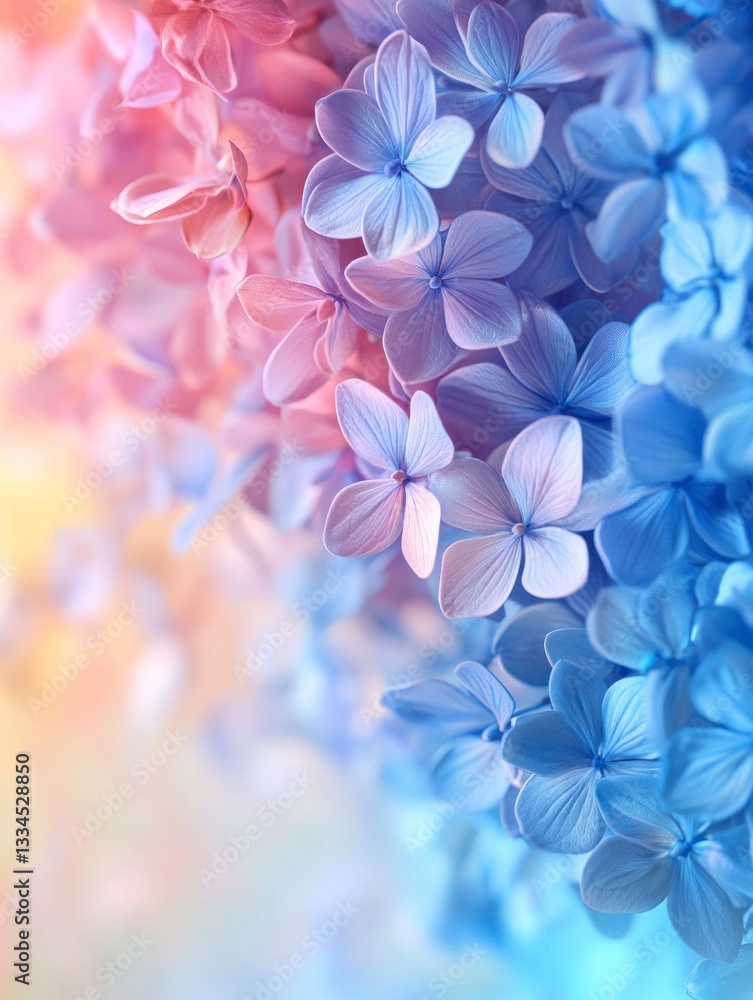 Blooming Hydrangea Flowers Gradient in Blue Pink and Yellow Colors Blooming Hydrangea Flowers Gradient in Blue Pink and Yellow Colors