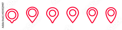 A series of six red location markers with varying designs. each has a circular center detail.