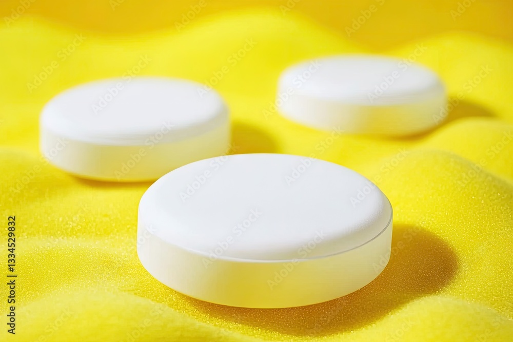 Three white, round tablets on a yellow background Three white, round tablets on a yellow background