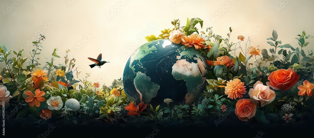 Lush Green Earth Surrounded by Vibrant Flora and Wildlife in Surreal Art Style