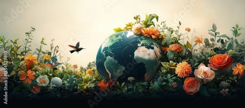 Obraz na płótnie Lush Green Earth Surrounded by Vibrant Flora and Wildlife in Surreal Art Style w salonie