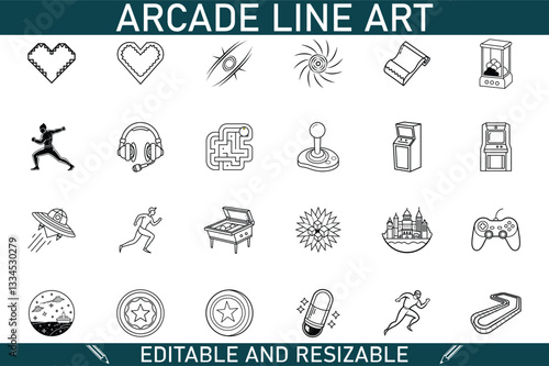 Editable Resizable Arcade Game Line Art Icons Collection