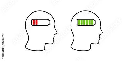 Visual representation of human energy states using red low and green high battery icons in heads.