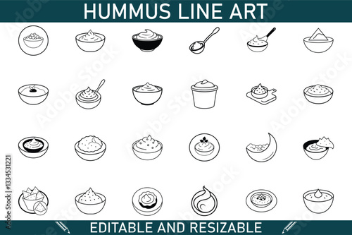 Hummus Line Art Editable, Resizable, Bowls, Spoon, Dip, Food, Design, Vector, Graphic, Illustrations