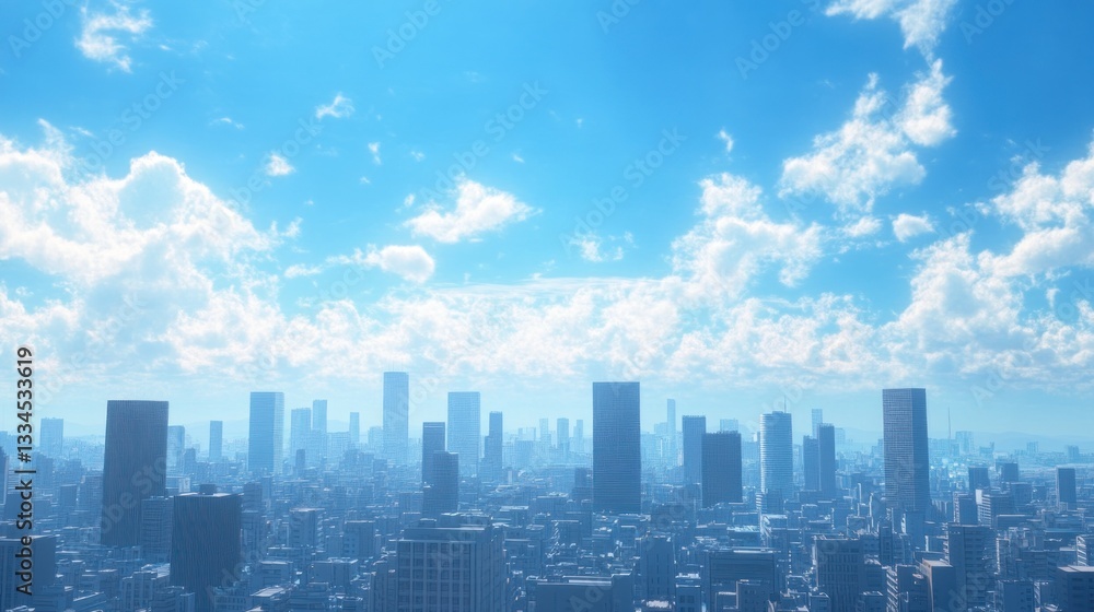 Sunny cityscape skyline, hazy day, clouds, urban planning Sunny cityscape skyline, hazy day, clouds, urban planning