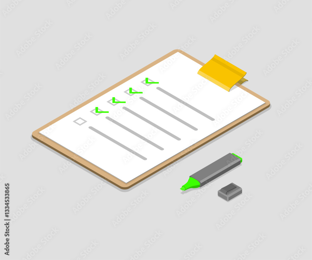 Isometric checklist on clipboard with marker.