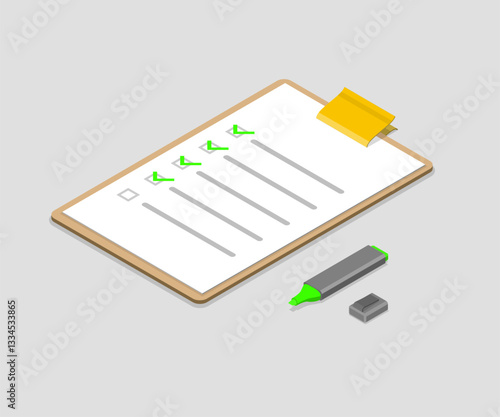 Isometric checklist on clipboard with marker.