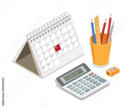 Isometric office supplies on white background.