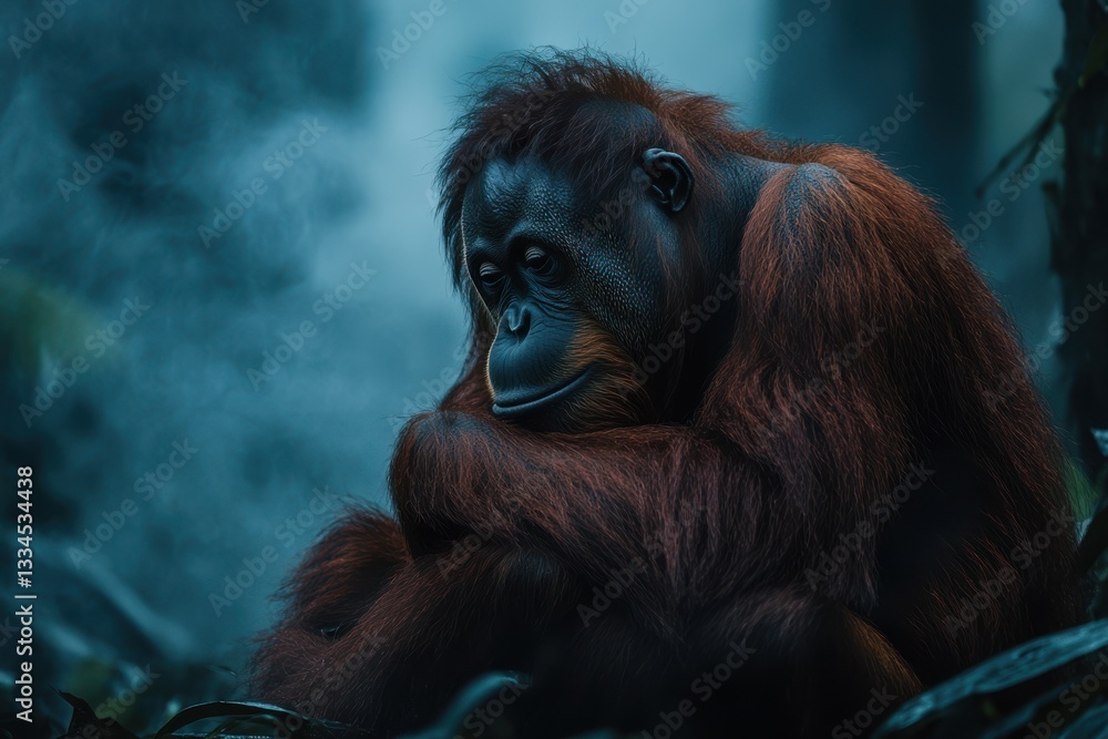 Obraz premium Orangutan in rainforest pensive mood dark tones