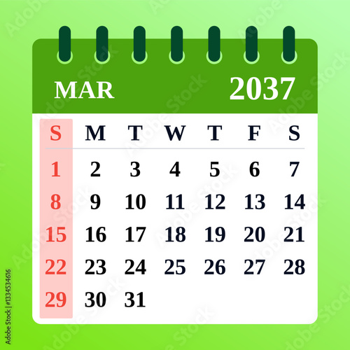 March 2037 Calendar Template. Fresh spring-inspired planner with floral accents. Clean and modern design. Flat vector illustration.