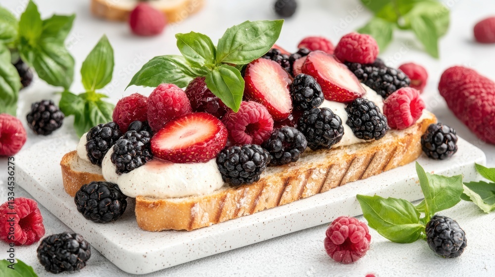 A white plate with a slice of toast topped with berries, cream, and a sprig of basil. A white plate with a slice of toast topped with berries, cream, and a sprig of basil.