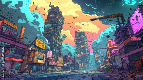 Cyberpunk City Street Rain Storm Background Game Art