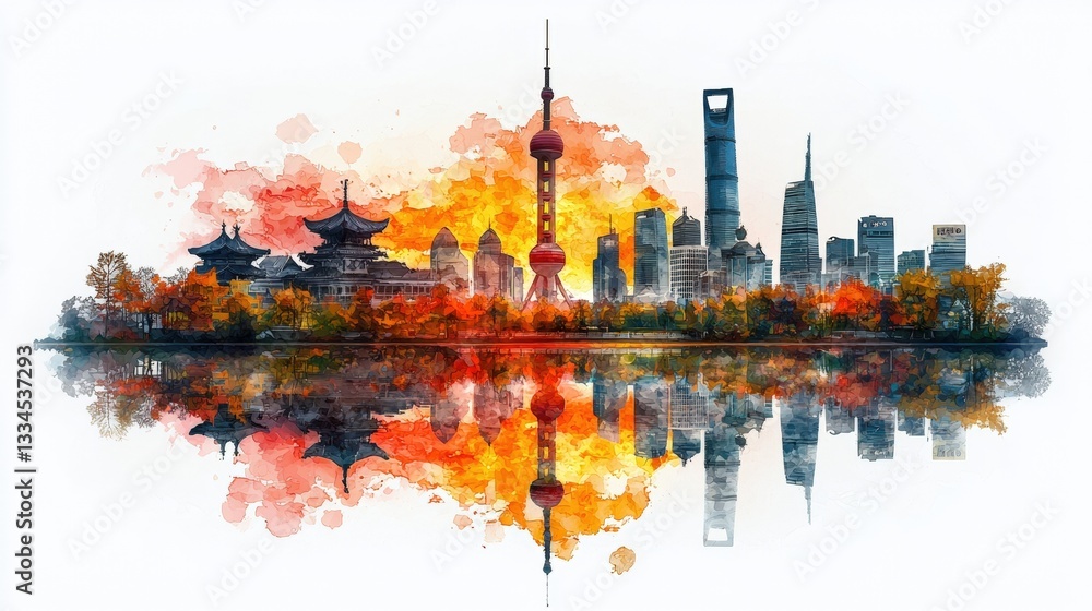 Obraz premium Vibrant Cityscape of Shanghai with Traditional Buildings and Modern Skyline Reflection at Sunset