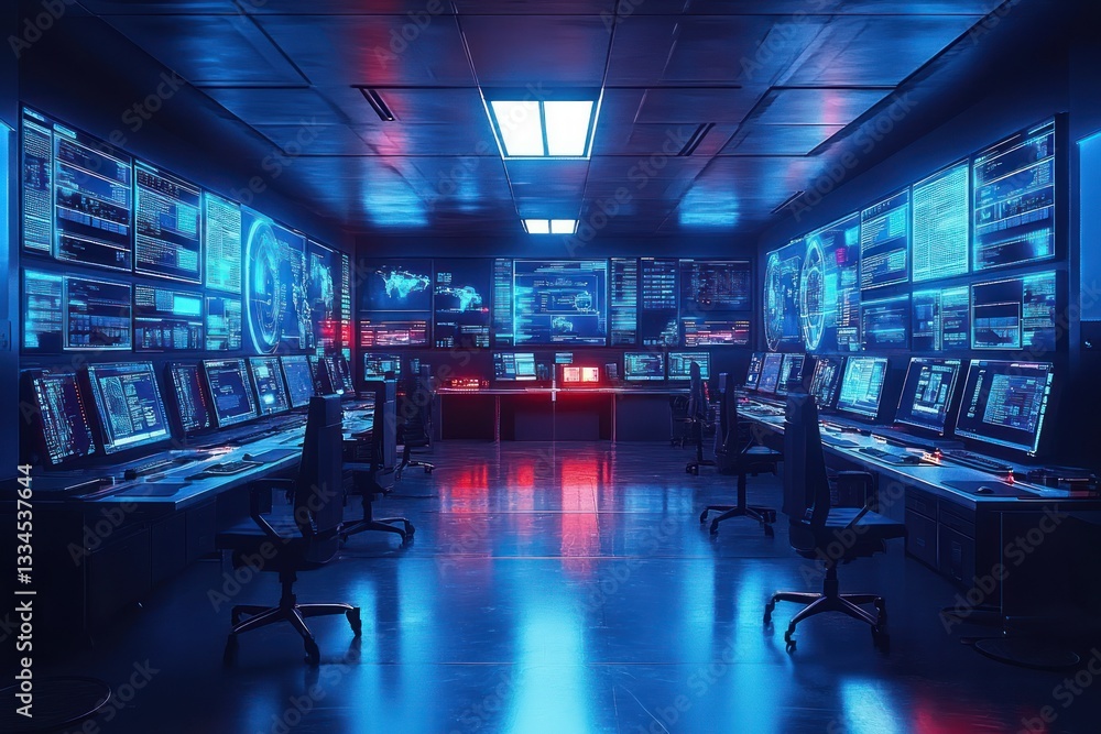 custom made wallpaper toronto digitalFuturistic Cyberpunk Security Command Center with Advanced Monitoring Displays and High-Tech Workstations