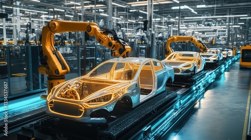 Automated Forklifts and Robotic Arms in a Modern Assembly Line for Car Production and Packaging with Glowing Crates Ready for Shipment